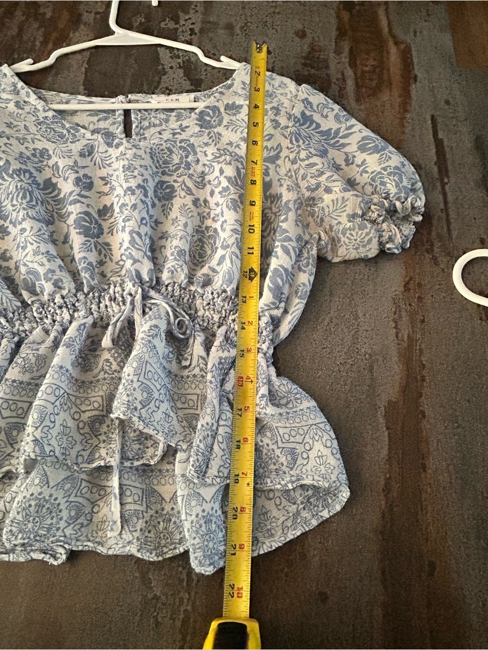 E&M Blue Floral Boho Peplum Blouse Puff Sleeve - Picture 7 of 7